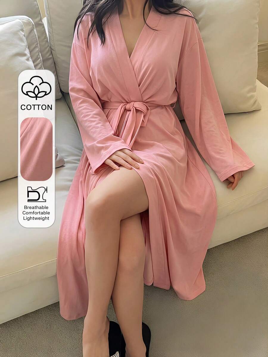 DAZY 極簡純色寬鬆繫帶晨袍,女款居家休閒睡衣 - 粉色 - 查看 1