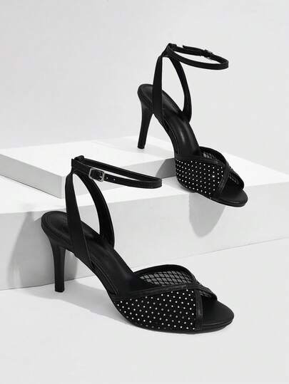 CUCCOO SZL Women's Spring/Summer New Mesh Hollow Criss-Cross Strap Round Toe Stiletto High Heel Personality Attractive Shoes, Available In Gold/Black Glossy Splice, Open Toe Sandals For Party, Date, Summer Outfit