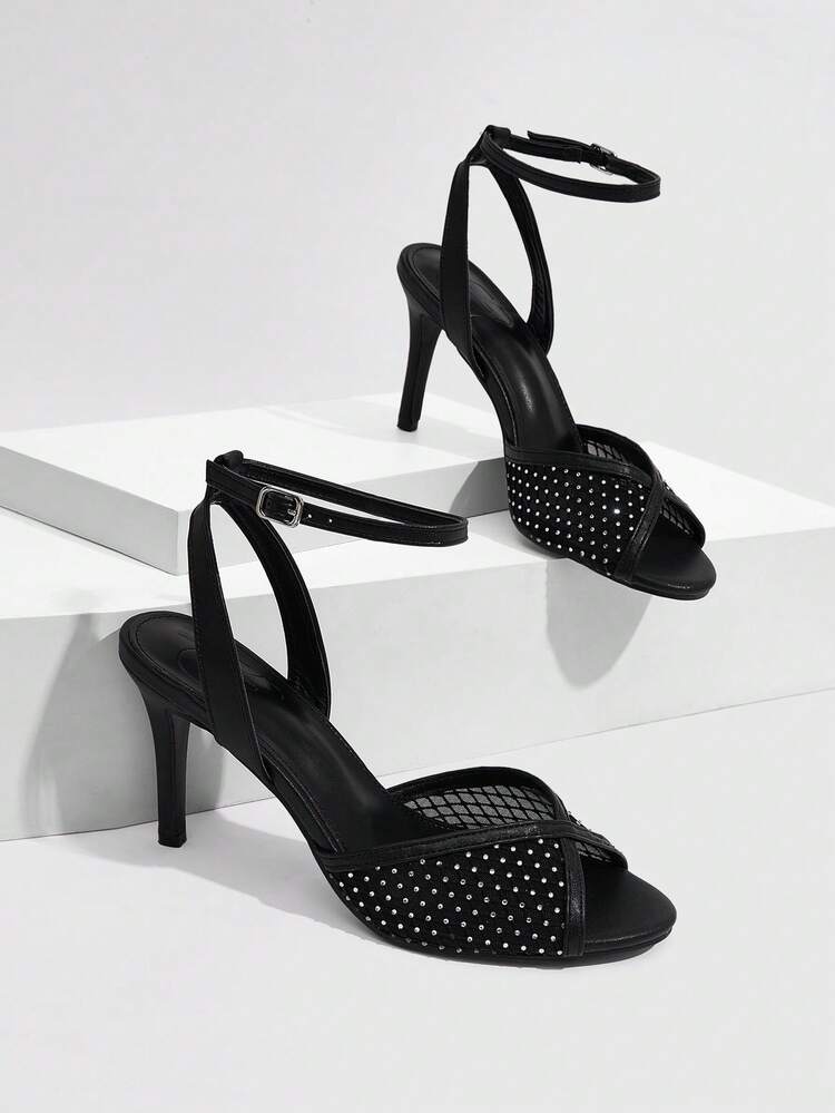 CUCCOO SZL Women's Spring/Summer New Mesh Hollow Criss-Cross Strap Round Toe Stiletto High Heel Personality Attractive Shoes, Available In Gold/Black Glossy Splice, Open Toe Sandals For Party, Date, Summer Outfit