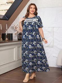 Lacomfia Casual Minimalist All-Over Print Round Neck Short Sleeve Loose Regular Spring/Summer Plus Size Dress - Multicolor - View 6