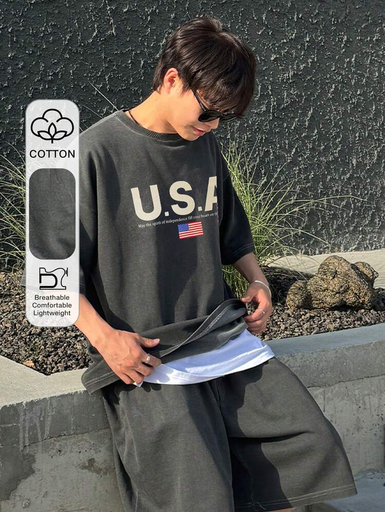 Grey Letter Print Distressed Wash Short Sleeve T-Shirt For Men, Summer