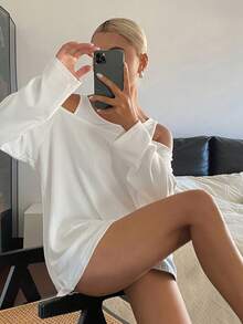 DAZY Camiseta de manga larga de unicolor y estilo minimalista para mujer, para uso casual diario - Blanco - Ver 6