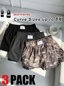 SHEIN CURVE+ 3件套加大码女式夏季休闲度假日常通勤纯色及树木印花弹力腰宽松短裤 - 彩色 - 查看 1