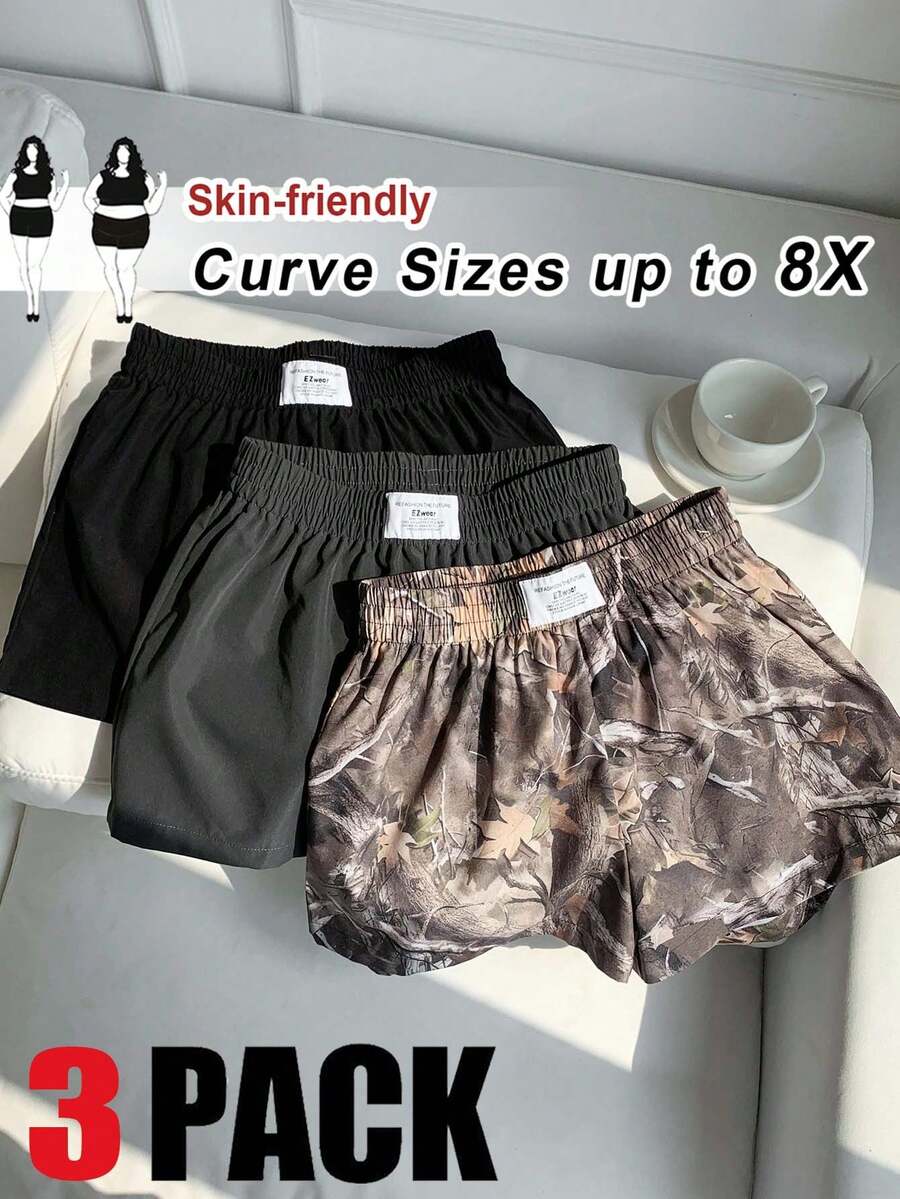 SHEIN CURVE+ 3件套加大码女式夏季休闲度假日常通勤纯色及树木印花弹力腰宽松短裤 - 彩色 - 查看 1