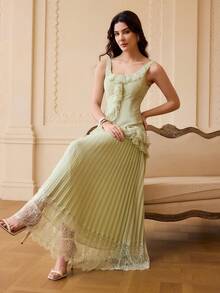 ZEYLAH Elegant Romantic Lace Patchwork Pleated V-Neck Dress, Spring/Summer - Mint Green - View 6