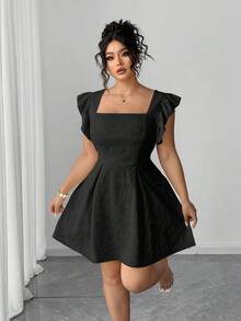 Elenzga Elegant Jacquard Frill Trim Dress In Light Yellow - Black - View 3