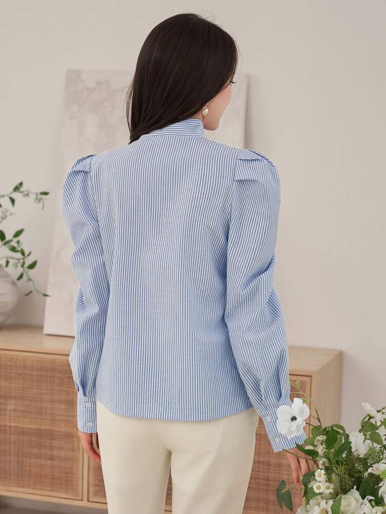 Women's Elegant Striped Petal Sleeve Tie Collar Blouse, Spring Summer