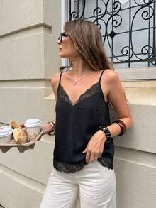 Women's T-Shirt With Contrasting Lace, Versatile And Fashionable - 黑色 - 查看 3
