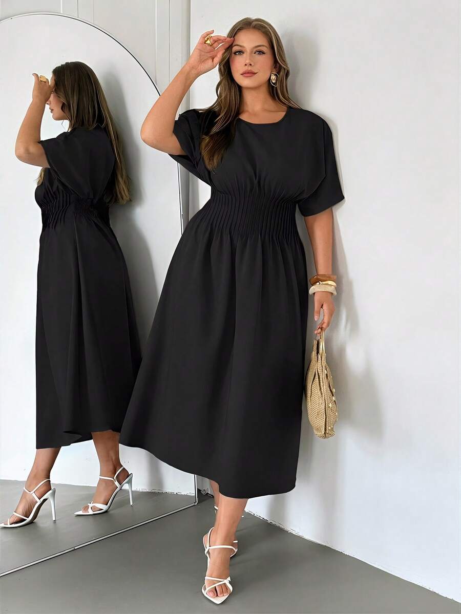 Auralis Plus Size Solid Color Round Neck Casual Daily Short Sleeve Dress - Black - View 1
