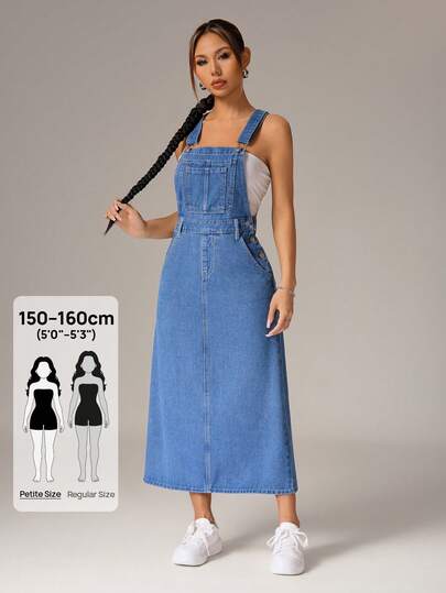 SHEIN PETITE 时尚纯色无袖夏季连衣裙，带口袋，休闲牛仔连衣裙