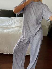 DAZY 2pcs/Set Women Ditsy Floral Loose Short Sleeve T-Shirt And Straight Leg Long Pants Pajama Set, Summer - Grey - View 3