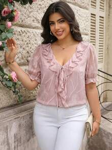SHEIN Clasi Plus Size Women Cutout Ruffle Tie Front Blouse Tea Party Light Pink Summer - Pink - View 2