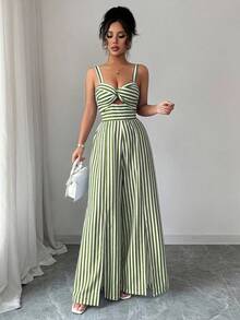 Elenzga Women's Striped Fashionable Versatile Front Knot Slit Leg Jumpsuit - Army Green - View 6