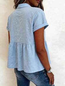 Wandoria Camisa casual de mujer de unicolor, de manga corta, con botones y media cartera - Azul - Ver 2