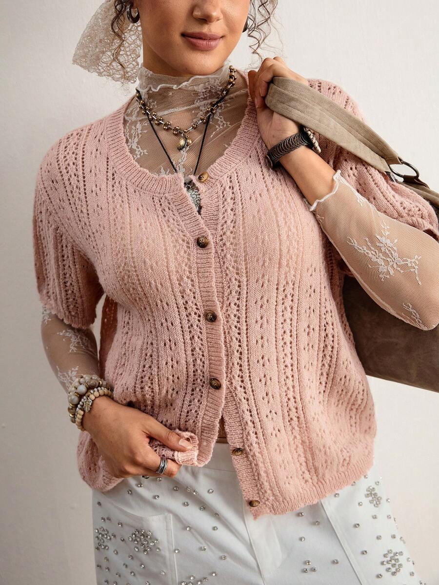 Plus Size Women's Vintage Cottagecore Style | Dusty Pink Pointelle Knit Short Sleeve Cardigan - Sweet Button Down Lightweight Sweater Top - Coral Pink - View 1