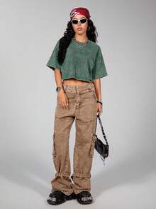 SHEIN Comfortcana Áo thun ngắn tay cơ bản 100% cotton đã qua xử lý, màu xanh ô liu. - Màu xanh lá cây đậm - Xem 14