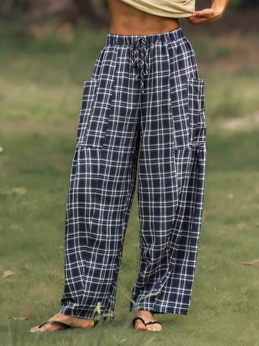 WanderVale Women's Plaid Print Lantern Loose Wide Leg Sports Pants, Navy Blue, Autumn, Boho, Picnic, Elastic Waist Drawstring Casual Outdoor Pants For Hiking