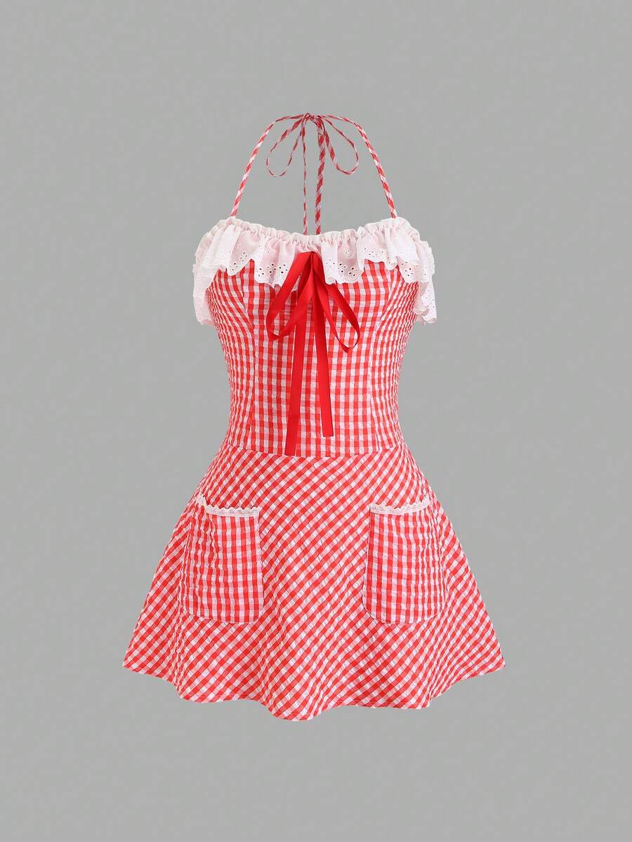 Sweetra Vestido con cuello con volantes y lazo con estampado de cuadros para mujeres - Rojo y blanco - Ver 1
