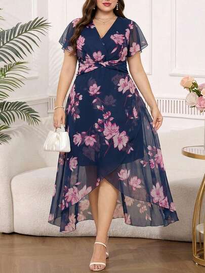 Reflora Plus Size Elegant Floral Print Twist Waist Wrap Dress, Summer