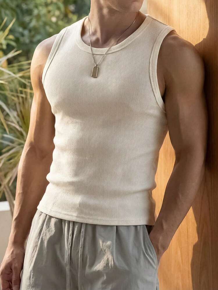 Men's Slim Fit Solid White Tank Top, Summer