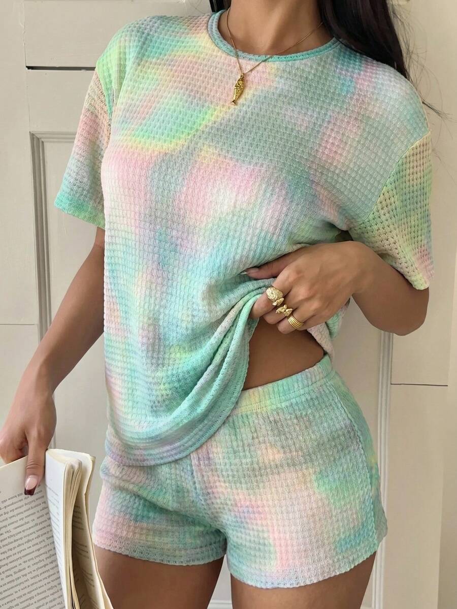 SHEIN EZwear 女士扎染圆领短袖T恤和短裤休闲套装 - 彩色 - 查看 1