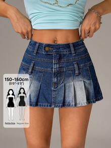 SHEIN PETITE 女士时尚百褶牛仔迷你裙 - 藍色 - 查看 1