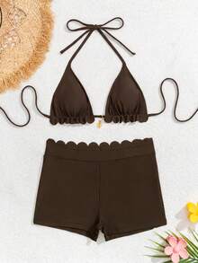 Swim Vcay Women's Simple Holiday Style Halter Neck Swimsuit Set In Solid Black Nylon Fabric - 棕色 - 查看 6