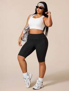 Seamluxe SHEIN Sport Quần short thể thao nữ cỡ lớn màu đen bó sát, chiều dài ống quần 15cm, có sọc bên hông, thích hợp cho mặc thường ngày, chạy bộ, yoga, tập gym, tennis, golf. - màu đen - Xem 6