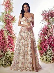 Glamrae Robe de soirée élégante à imprimé floral romantique multicolore en maille transparente avec épaules dénudées, coupe évasée et fente haute - Nude - Voir 3