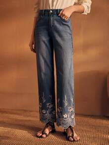 MOTF PREMIUM WOMEN'S EMBROIDERED VACATION DENIM PANTS SWIMMING WHITE SUMMER SEXY - Medium Wash - View 2