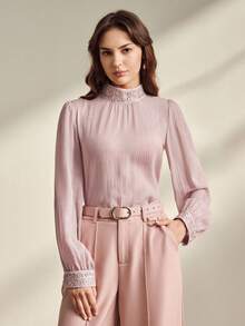 Anewsta Elegant & Charming Spring/Summer New Arrival Pink Fashion Stand Collar Loose Versatile Embroidered Ruffle Trim Long Sleeve Blouse For Women - Pink - View 3