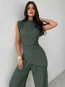 Firerie Sage Green Summer Casual Elegant Brunch Women's Linen Commute Suit,Sleeveless Asymmetric Ruched Blouse&Wide Leg Pants Set,Office Vacation Outfit - Green - View 6