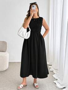SHEIN Essnce 大码女装春夏时尚休闲舒适日常修身无袖棕色中长连衣裙，带口袋，夏季服装，女士度假装 - 黑色 - 查看 2