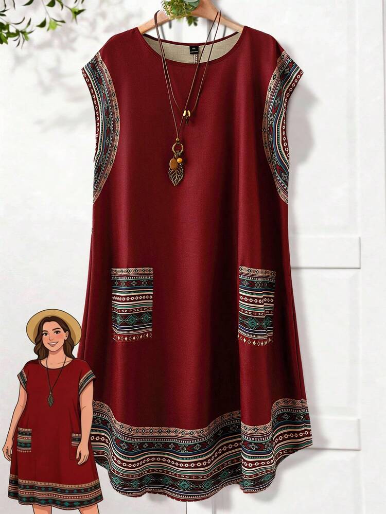 Plus Size Women Patchwork Striped Round Neck Casual Pocket Dress Bohemian Clothes For Women Boho Style Clothes Women Clothes Dress Boho Chic Women's Clothing Summer Outfits For Women Beach Outfit For Women Casual Vacation Outfits Women Country Concert Outfit Peplum