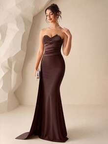 Coutiva Elegant Solid Color Strapless Mermaid Bridesmaid Dress - Brown - View 7