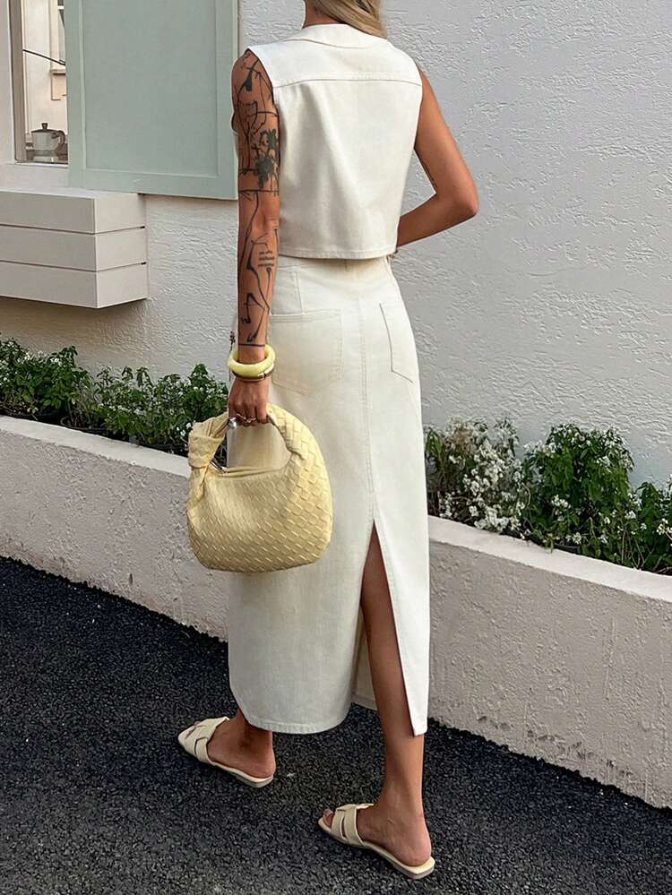 Women's Casual Washed Embroidered Round Neck Sleeveless Top And Denim Skirt Set, Suitable For Spring And Summer