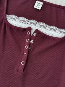 Tween Girls Burgundy Short Sleeve T-Shirt, Y2K Vintage Casual Lace Trim Tee For Girls, Tween Girls Navy Blue Polyester Short Sleeve Fitted Tee With Keyhole Neck And Ruched Bust For Everyday Style - Burgundy - View 8