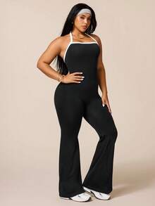 Rhythm Era Plus Size Women's Sleeveless Backless Jumpsuit, Seamless Sports Yoga Casual Flare Pants - Black and White - View 4