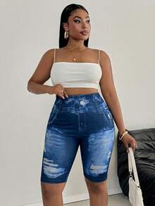 SHEIN PETITE CURVE Quần legging nữ cỡ lớn màu trơn, kiểu dáng thường ngày, thích hợp cho mùa hè. - Xanh và trắng - Xem 4