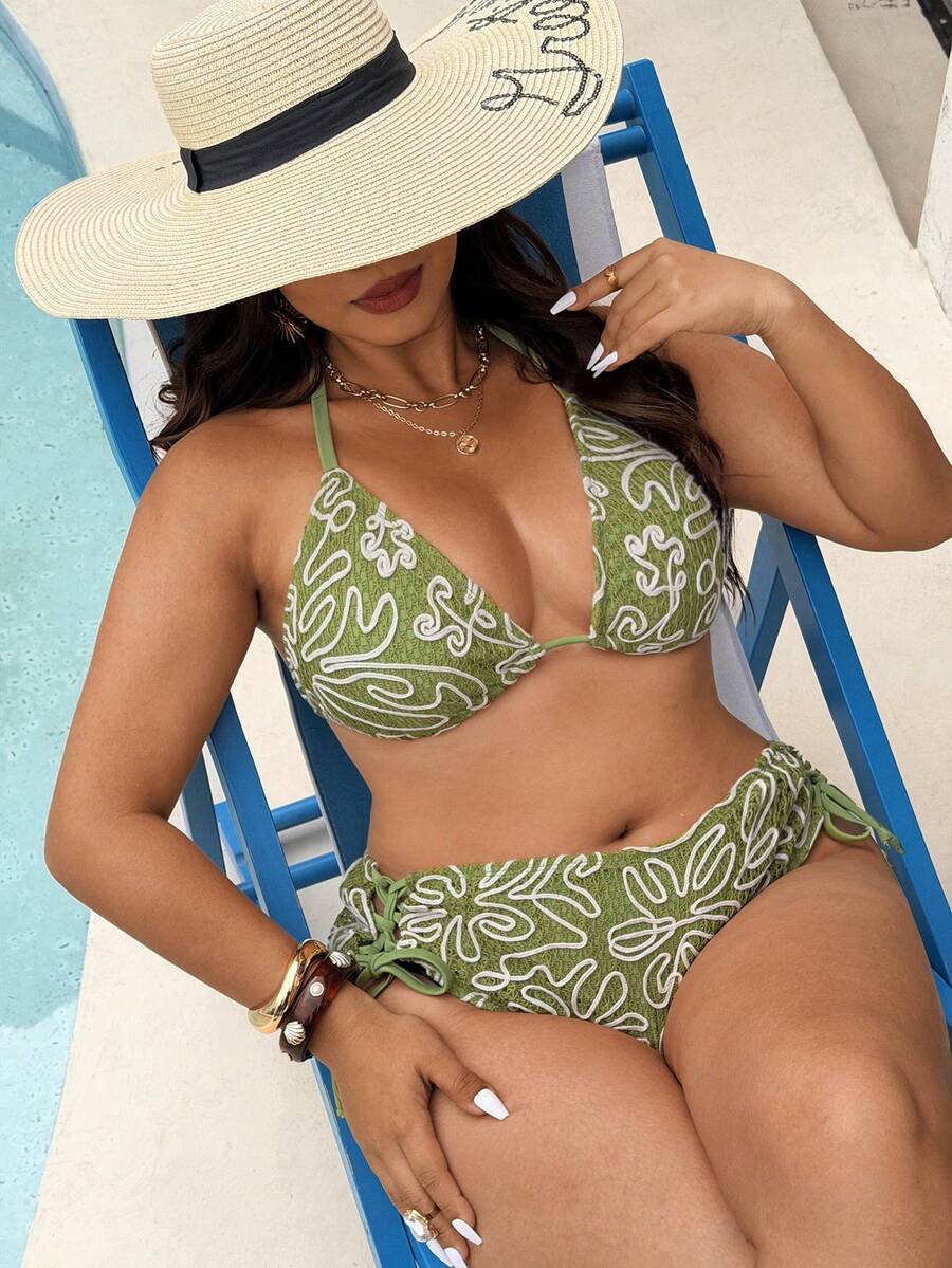 Swim Vcay 2 pièces Ensemble de bikini sexy avec bretelles nouées en tissu texturé, pour grandes tailles. Vacances à la plage - Vert - Voir 1