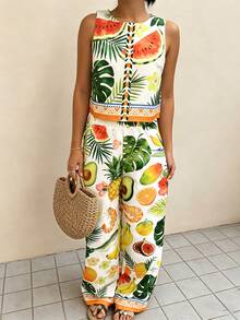 Vaclyn Women's Tropical Plant Print Sleeveless Casual Top - Multicolor - View 6