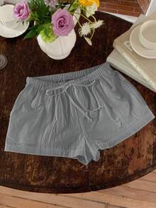 Pantalones cortos sólidos de mujer informales y sueltos con cordón, versátiles para uso diario - Gris - Ver 3