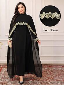 Modelyn Plus Size Women Elegant Lace Trim Dress With Shoulder Cape, Arabic Style Set, Modest - Black - View 2