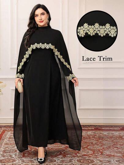 Modelyn Plus Size Women Elegant Lace Trim Dress With Shoulder Cape, Arabic Style Set, Modest