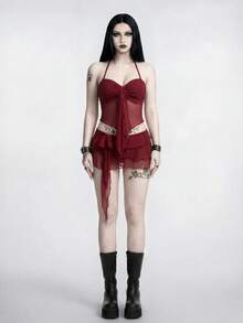 ROMWE Goth 新款女士优雅哥特暗黑风三件套泳衣 - 红色透视网纱吊带上衣，正面系带设计，荷叶边裙摆泳裤，内置比基尼内裤，修身显瘦，打造前卫另类的夏日海滩风情 - 夏季度假、泳池派对、海滩假期、度假村、音乐节、热带之旅、蜜月旅行、春假和海滨度假的理想泳装和沙滩装 - 紅色 - 查看 5