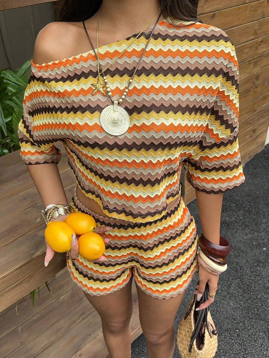 SHEIN EZwear Summer Beach Outfit Vacation 2pcs Women Asymmetric Collar Zigzag Striped Knit Short Sleeve Top And Shorts Casual Suit - Multicolor - View 1