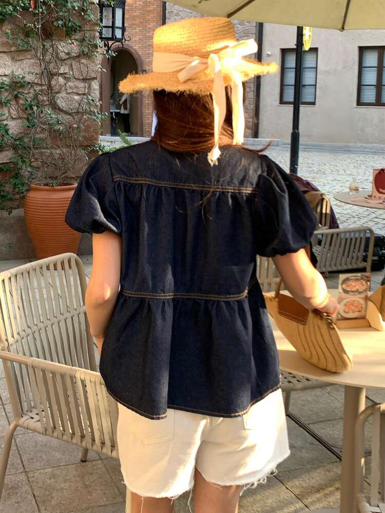 Women's Contrast Color Stitching Ruffle Hem Tie Waist Elegant Vacation Summer Denim Blouse Boho