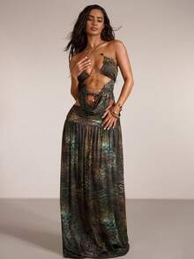 SHEIN BAE Women's Grey Leopard Print Summer Boho Tropical Sexy Holiday Beaded Halter Backless Crop Top And Low Waist Wide Leg Skirt 2 Pieces Set Vacation Beach - Multicolor - View 6