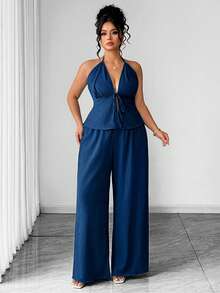 Elenzga Plus Size Women's Knit Minimalist Fashion Vacation Style Sexy Halter Deep V Tie Waist Ruffle Hem Top And Wide Leg Pants 2-Piece Set - Teal Blue - View 4