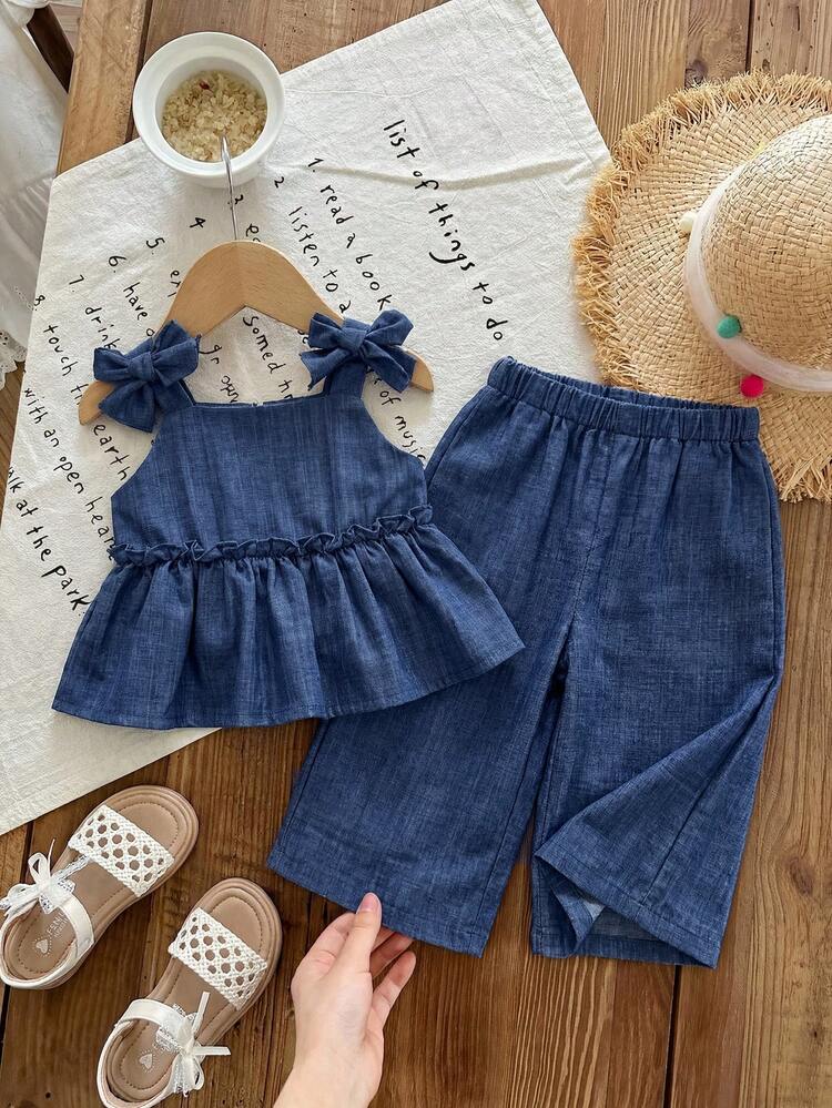 2件套女婴休闲纯色圆领上衣（后背3D蝴蝶结装饰）和裤子套装，蓝色女婴连体衣，幼儿女童蓝色连体衣 - 藍色 - 查看 6